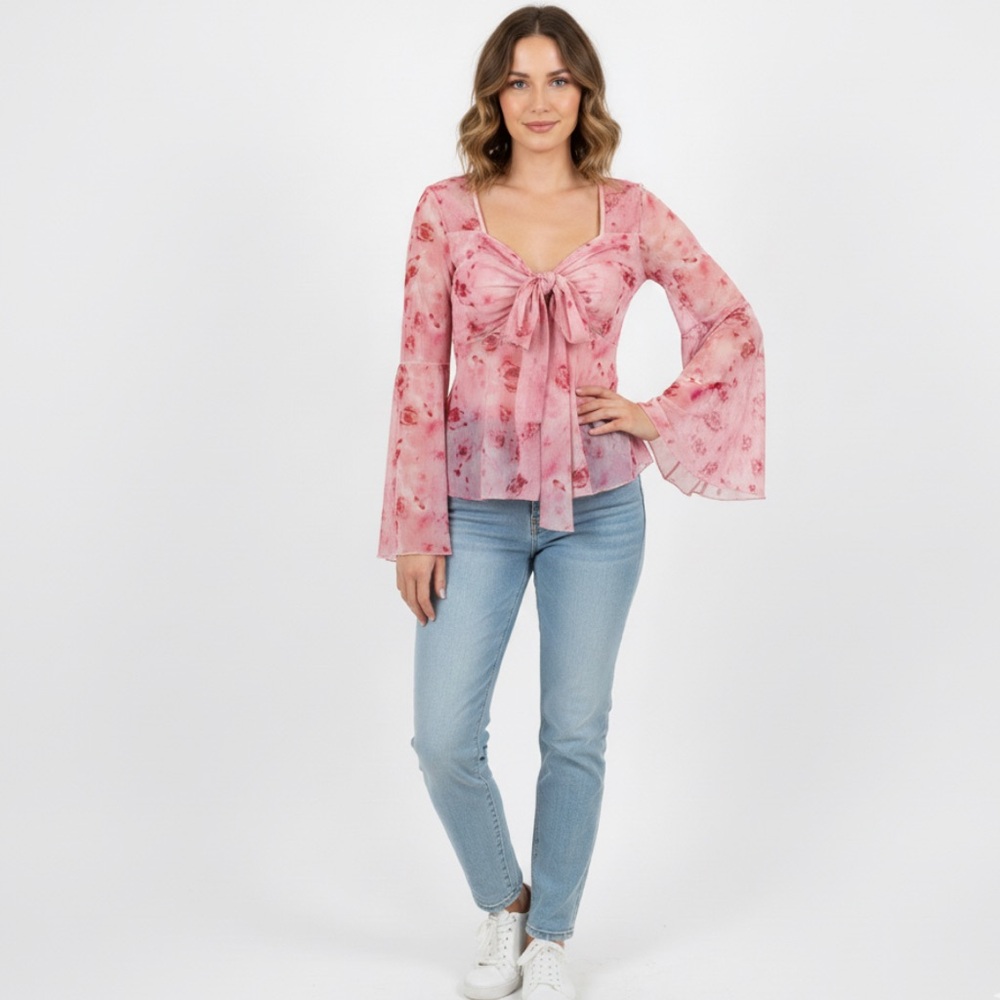 Unbranded Medium Pink Rose Mesh Tie Front Flare Sleeve Coquette Baby-doll Top